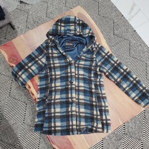 Big Chill Teal Blue Plaid Fleece/Satin Sweater Jacket